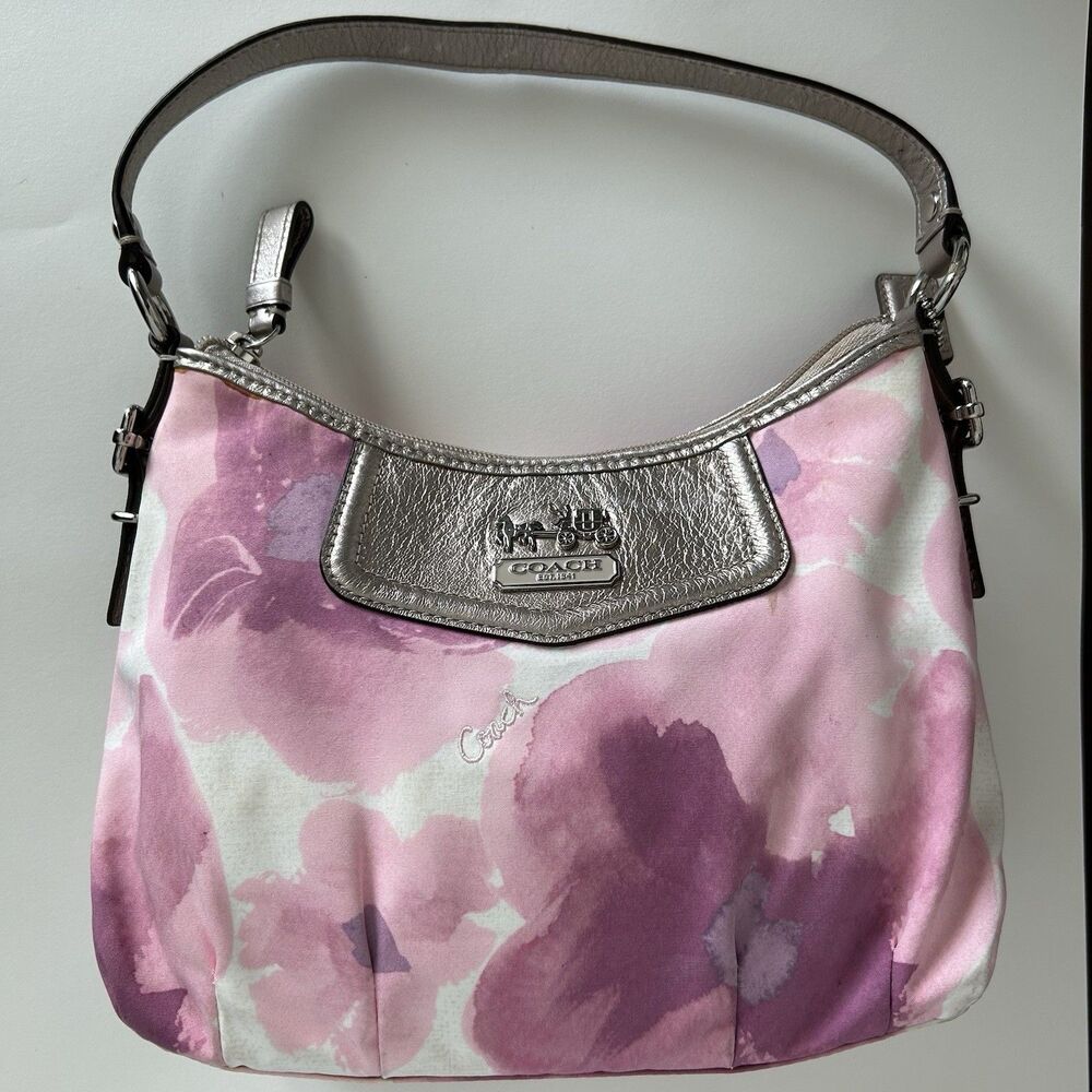 Coach Madison Floral Watercolor Shoulder Bag Metallic Silver Trim Purse 45457